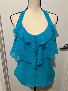 Bebe Y2K Blue Ruffle Button Halter Top 2000’s Whimsical Feminine